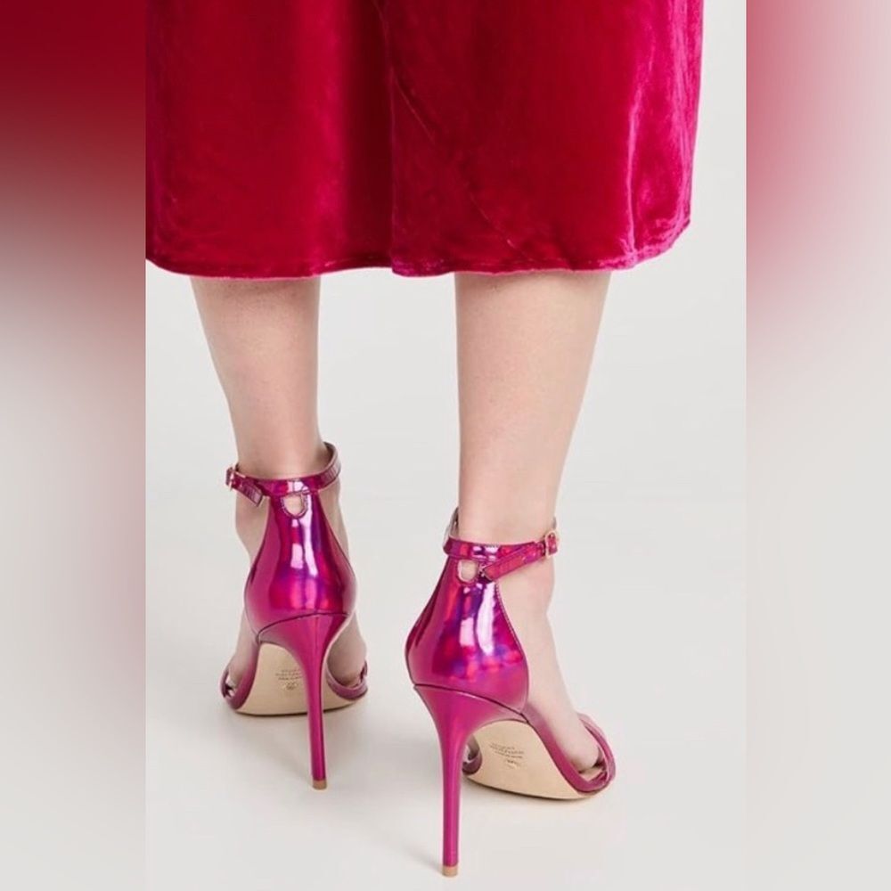 Stuart Weitzman Nudistcurve 100 Metallic Pink Stiletto Square Toe Sandals Sz 7B - Picture 3 of 16